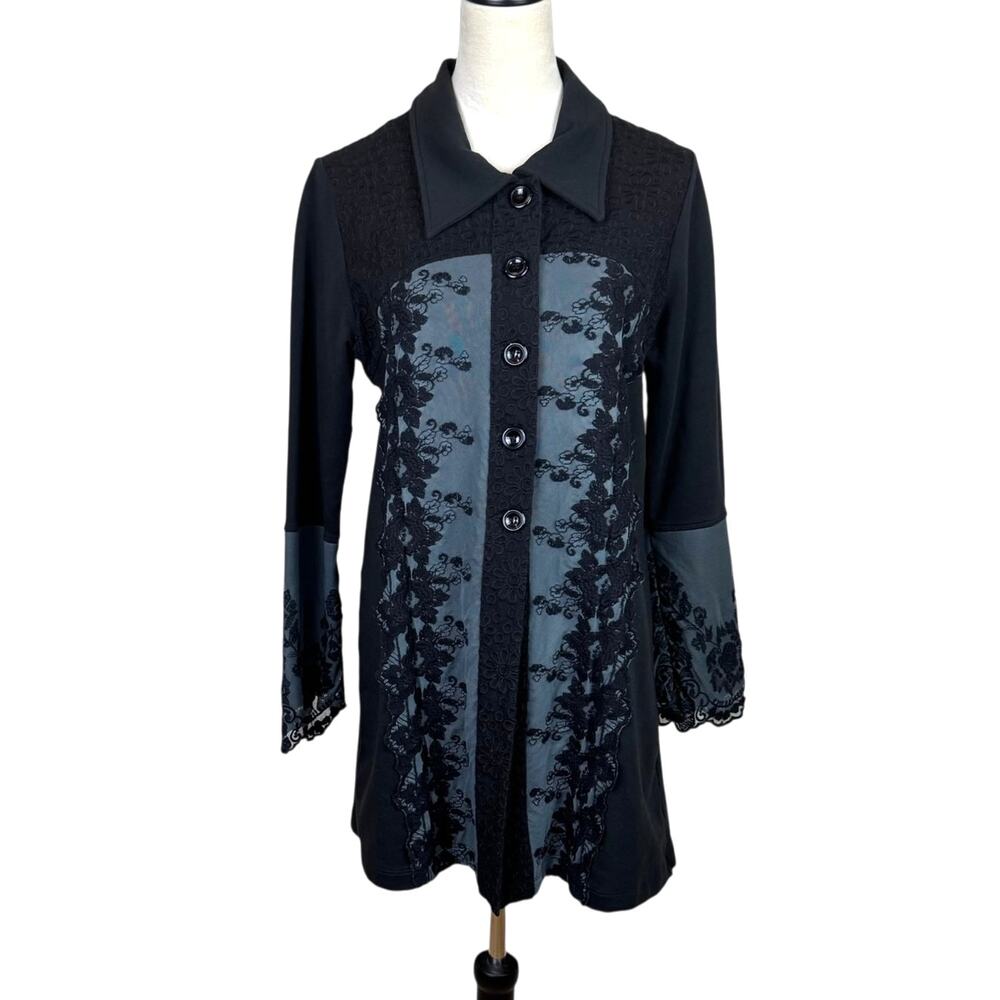 Gretty Zueger Black Ponte Knit Button Front Embroidered Lace Coatigan Jacket